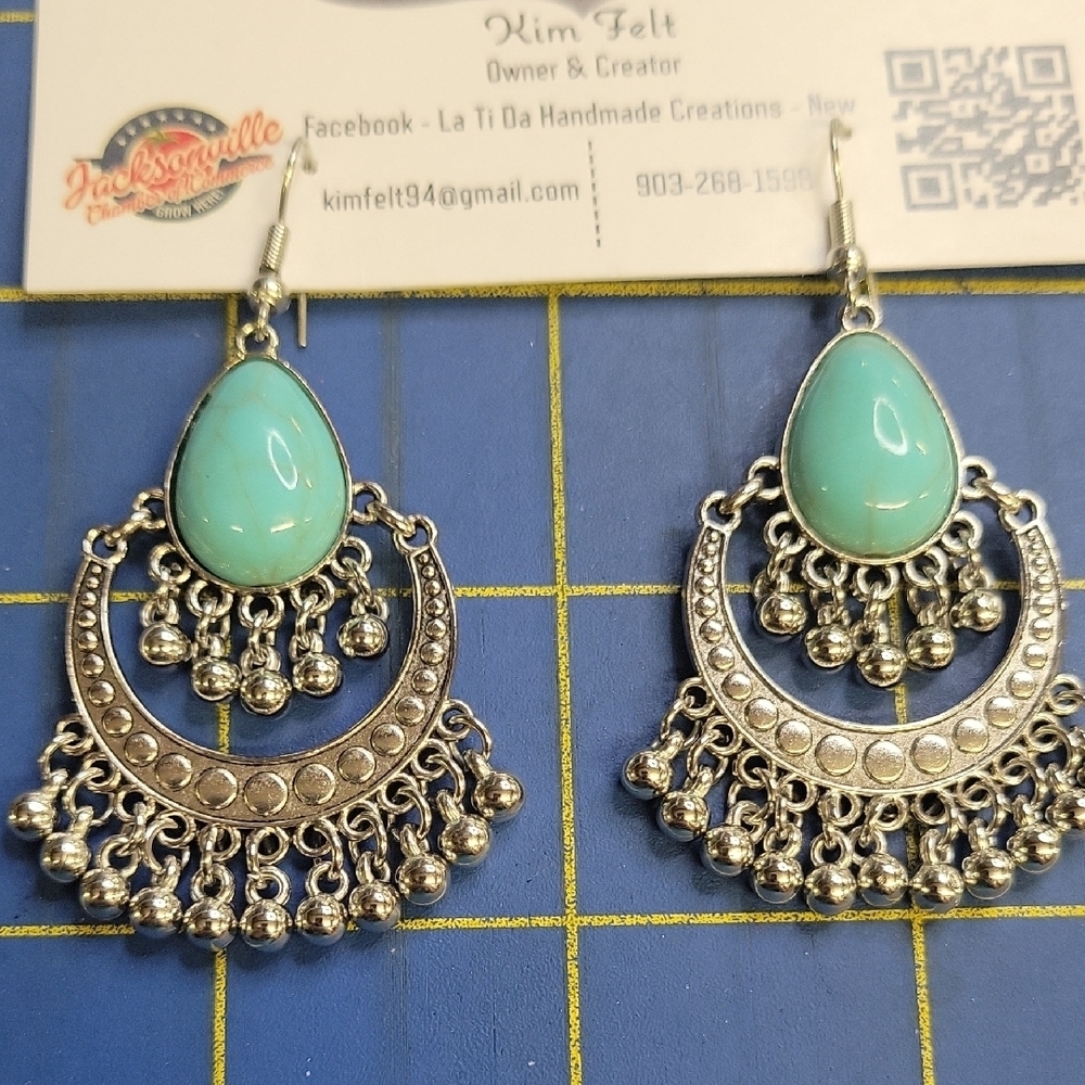Turquoise Faux Silver Tone 2" Dangle Earrings